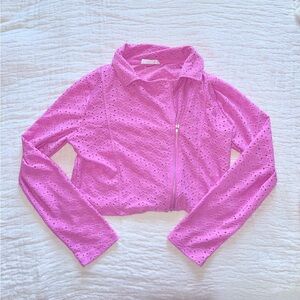Pink pointelle picot zip up cropped jacket
